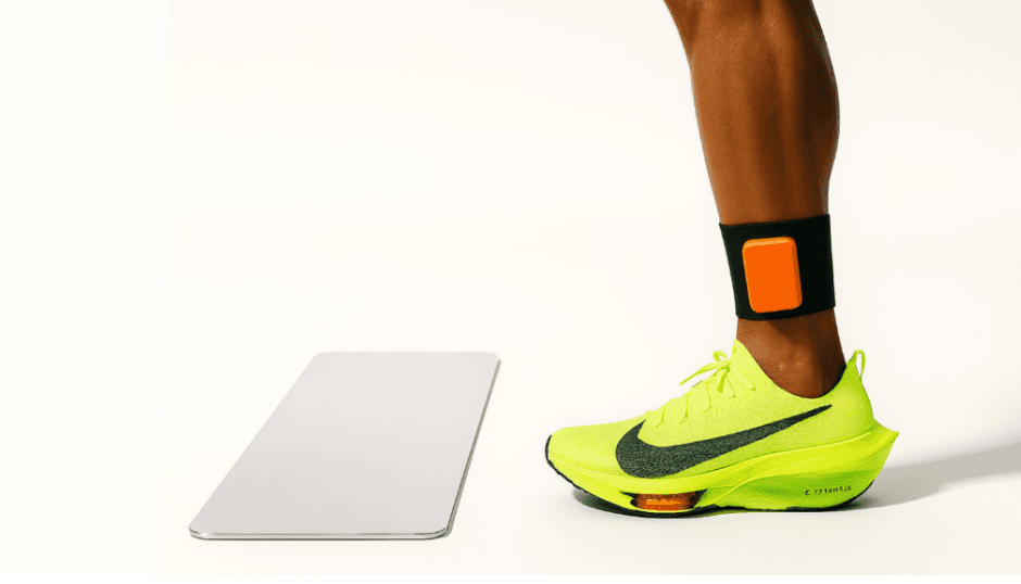 MOMO sensor worn at the ankle beside the timing mat